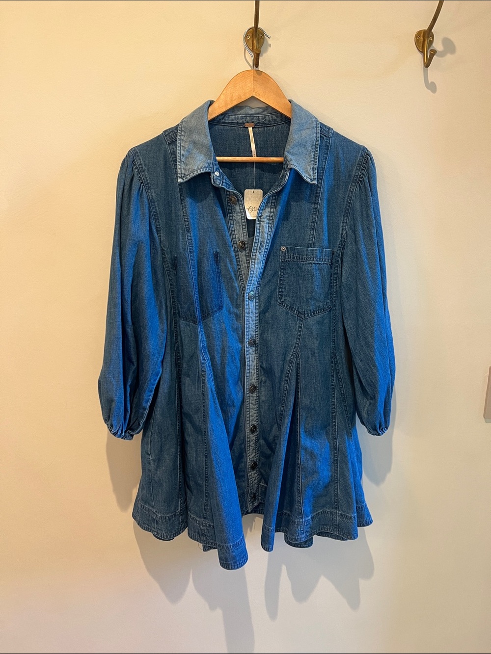 Free People Denim Button-Up Tunic Shirt Dress in Medium Blue